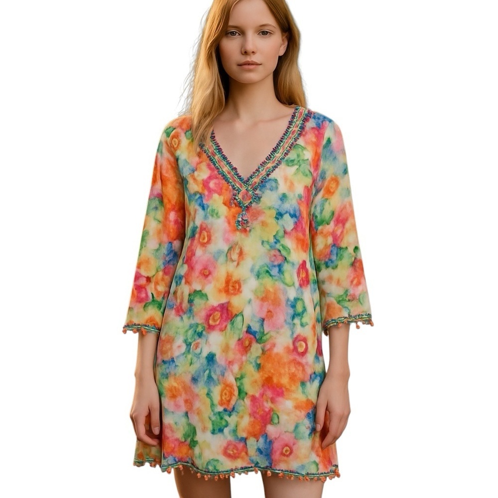 SUNDANCE Embroidered Cotton Water Color Beach Swimsuit Cover up Dress